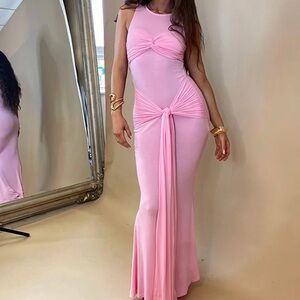Pink mermaid stretch fitted tight maxi dress tie belt bra top size small